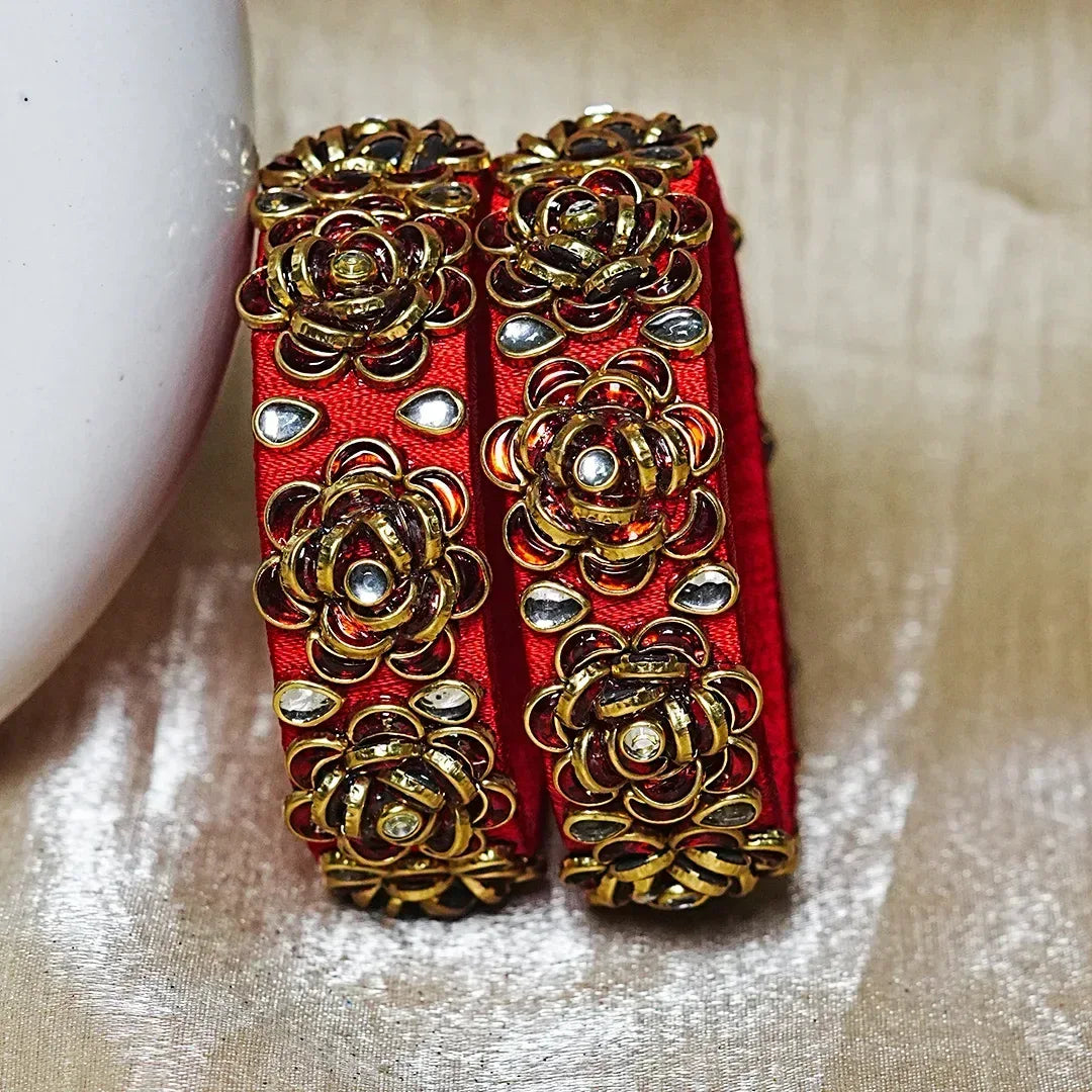 Handmade Thread Kada Bangle with Rose Motif and Kundan Work for Women & Girls (Pack of 2) - The Golden Cascade